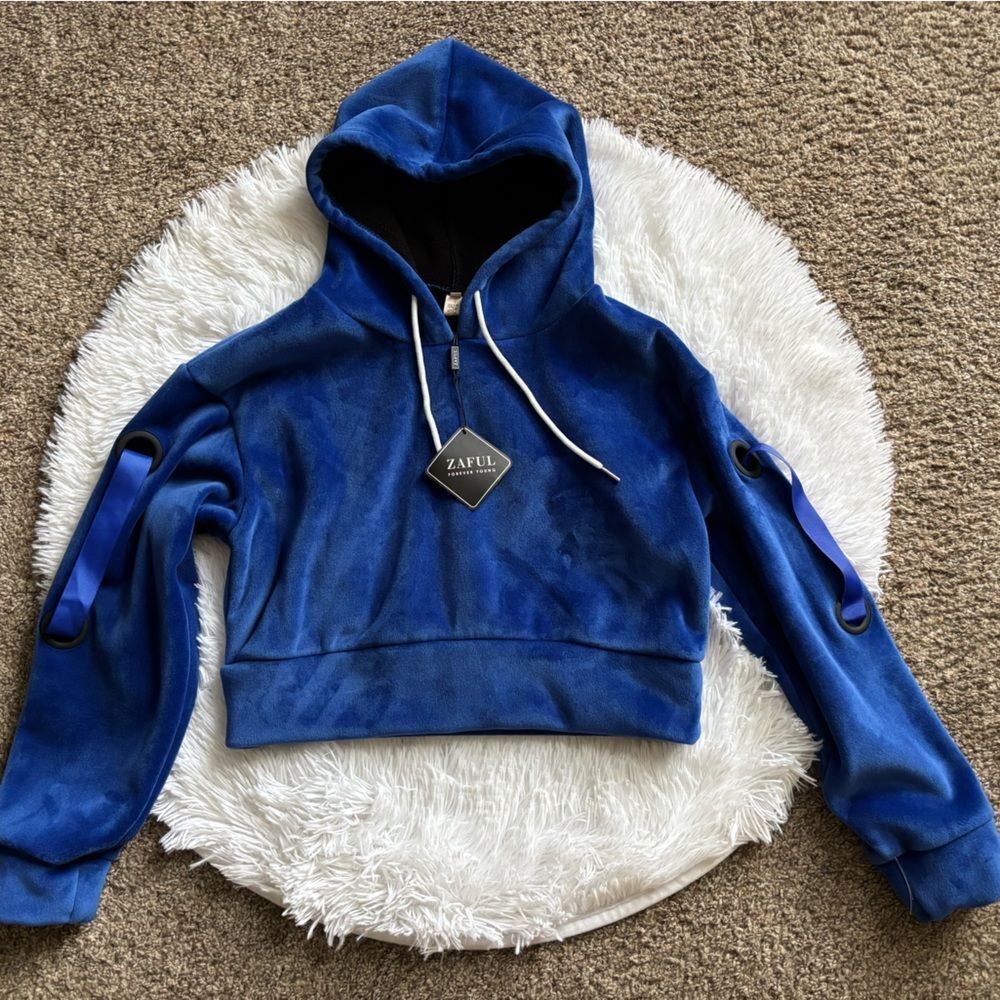 Zaful Crop Hoodie New Ribbon‎ Sleeves Blue Soft Womens Size Medium